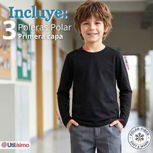 Pack 3 Poleras Camisetas Polar Negra Primera Capa Escolar Cuello Redondo Manga Larga Ni&ntilde;o