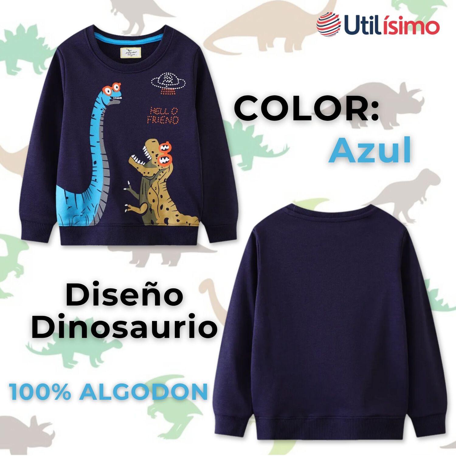 Poler&oacute;n Ni&ntilde;o Manga Larga 100% Algod&oacute;n Azul Dinosaurios image number 1.0