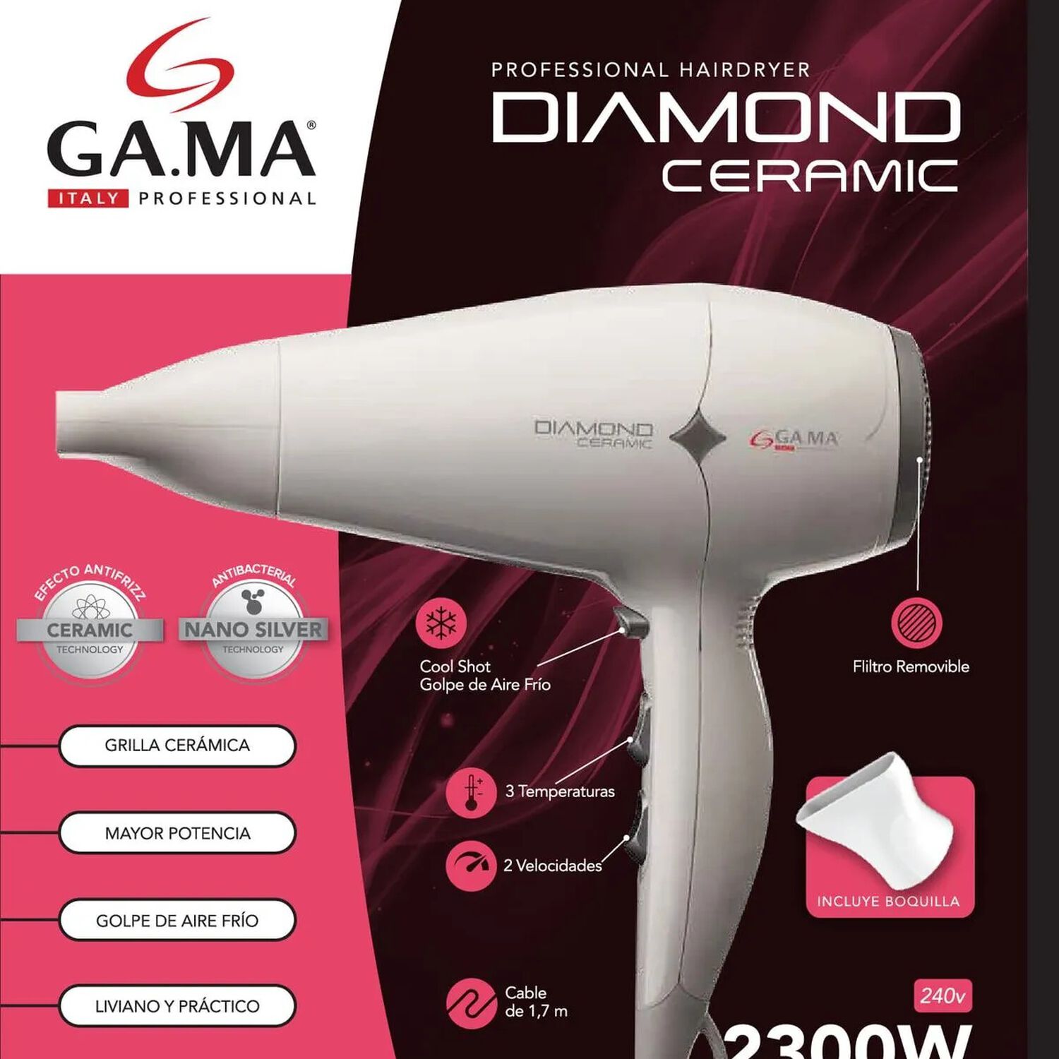Secador Diamond Ceramic Antibacterial Pelo Cer&aacute;mica 2300w Blanco Gama image number 5.0