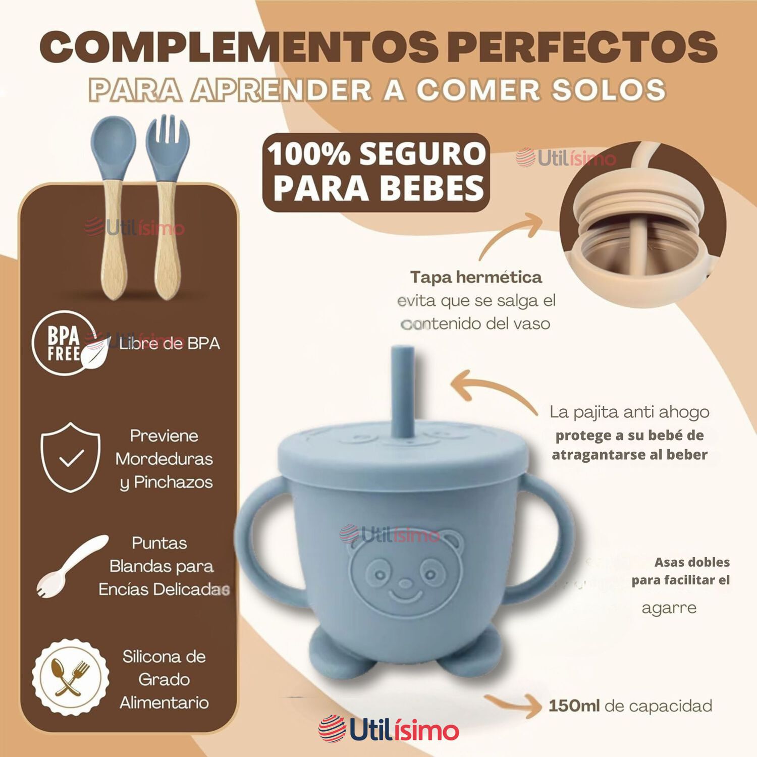Set De Alimentaci&oacute;n Beb&eacute; Silicona De Oso 6 Piezas Libre Bpa Color Celeste image number 9.0