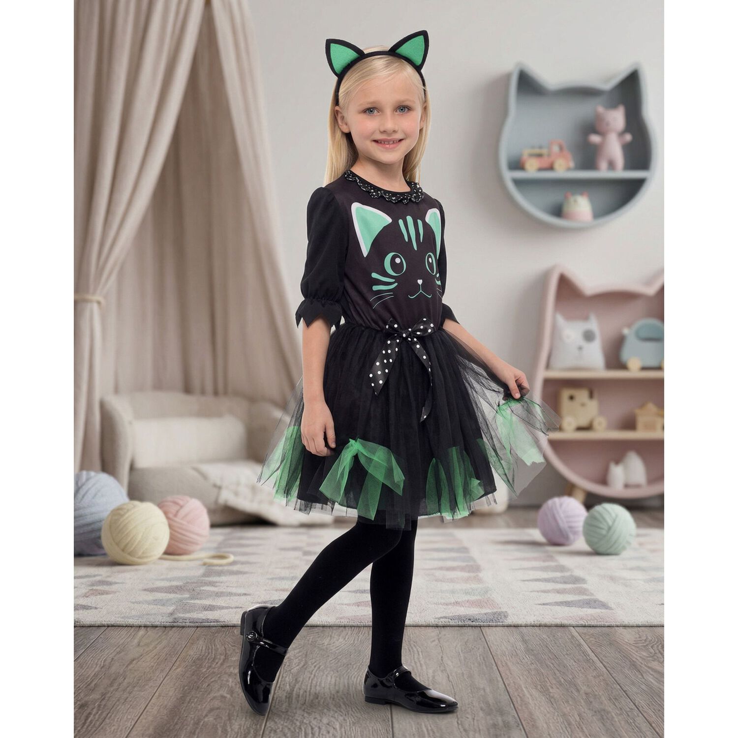 Disfraz Infantil Gato Verde Vestido Ni&ntilde;a image number 1.0