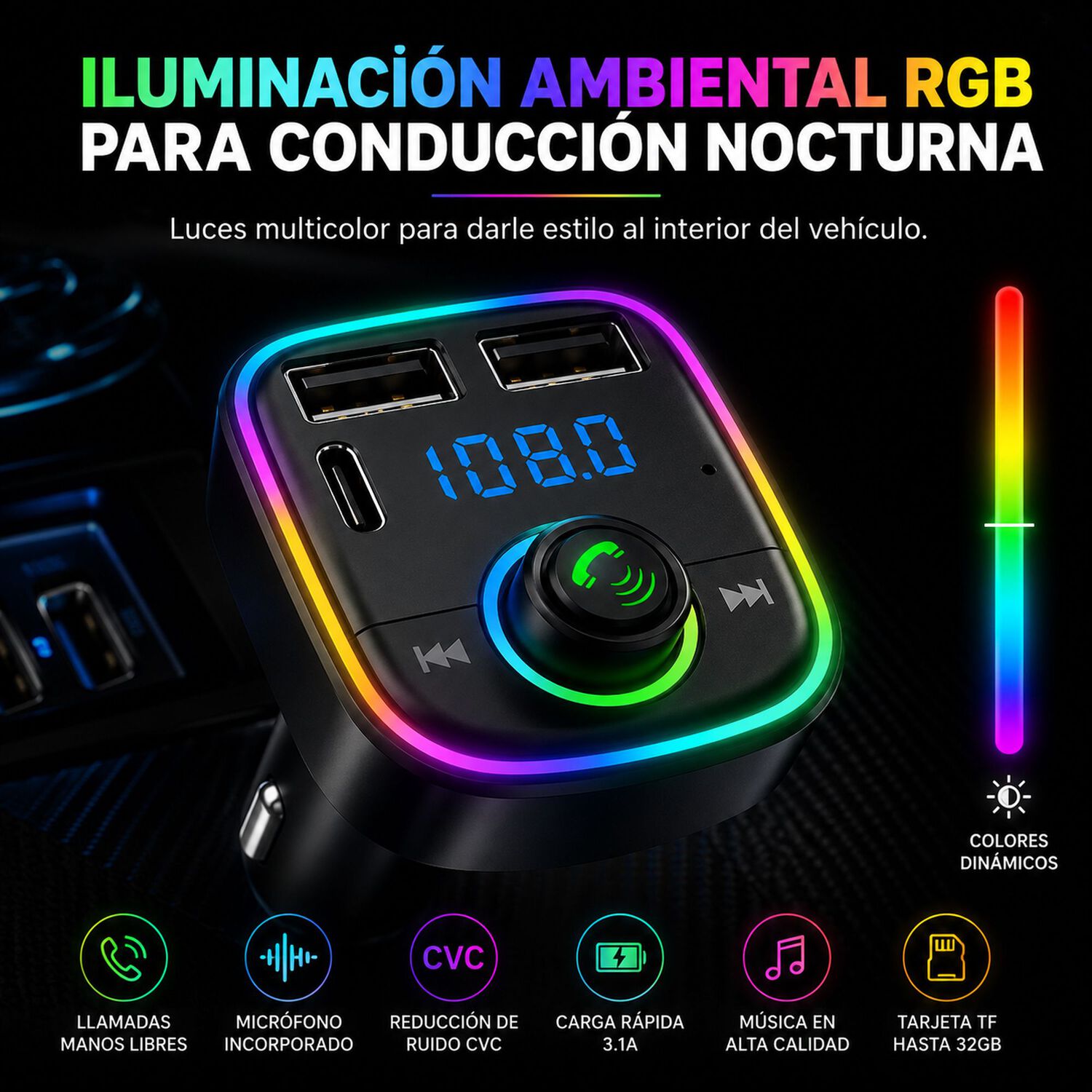 Transmisor Fm Bluetooth + Puerto Quick Charge 20w 12/24v Rgb image number 8.0