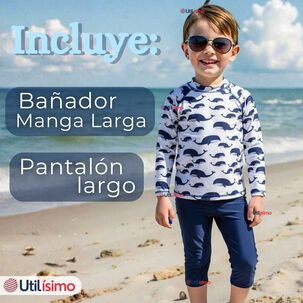 Traje De Ba&ntilde;o Manga Larga Pantal&oacute;n Largo 2 Piezas Corte Split Ni&ntilde;o 3 A 9 A&ntilde;os White Whale