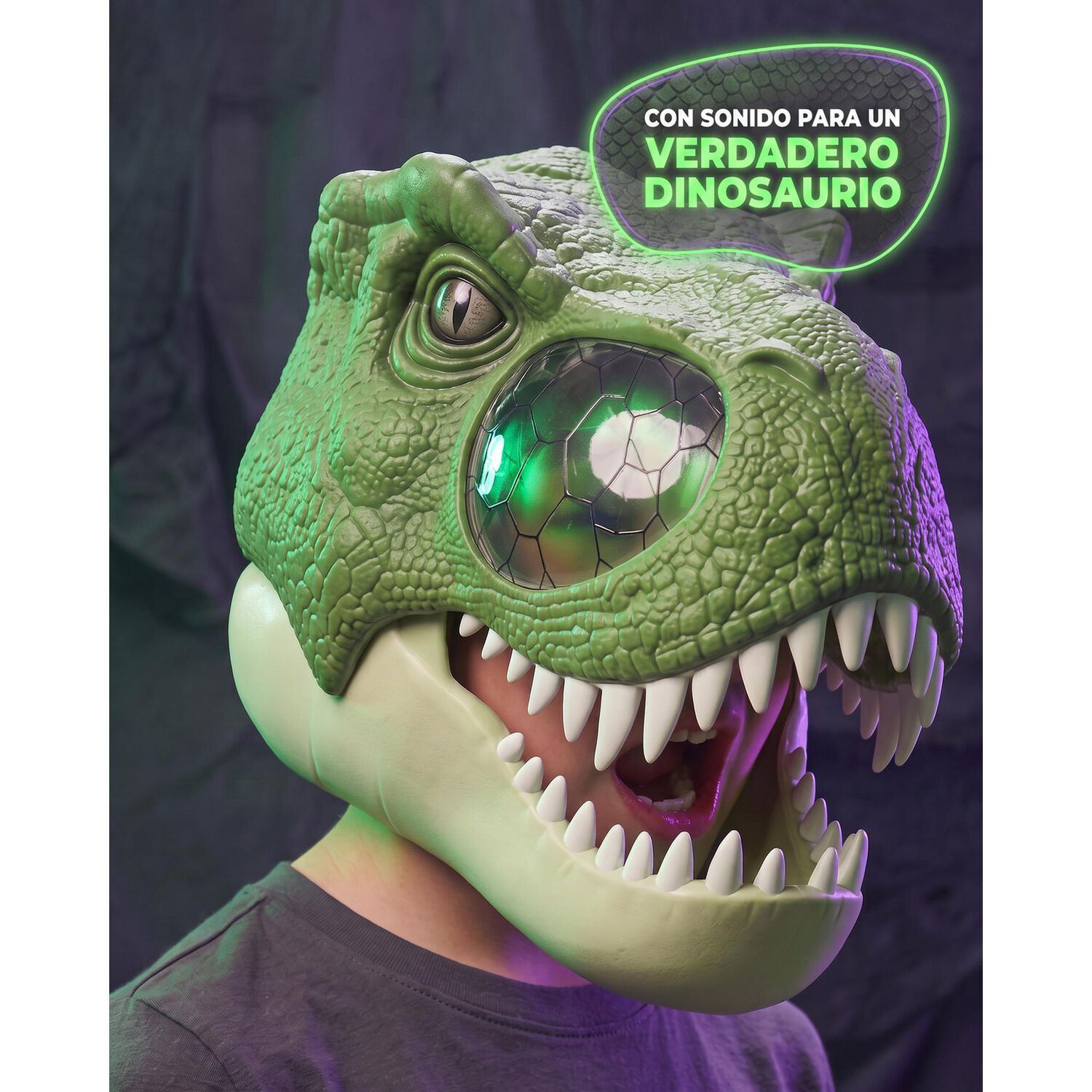 Mascara Infantil De Dinosaurio Rex Ne&oacute;n Luz Y Movimiento image number 1.0