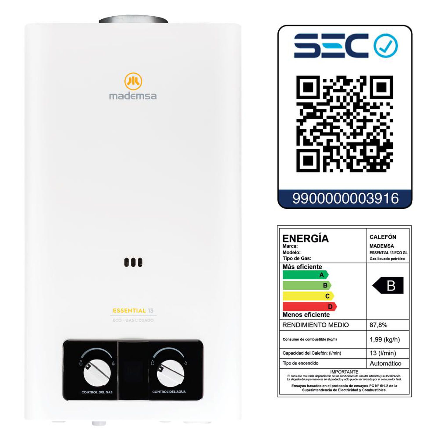 Calefont Mademsa ESSENTIAL 13 ECO GL / Tiro Natural / Gas Licuado / 13 Litros image number 1.0