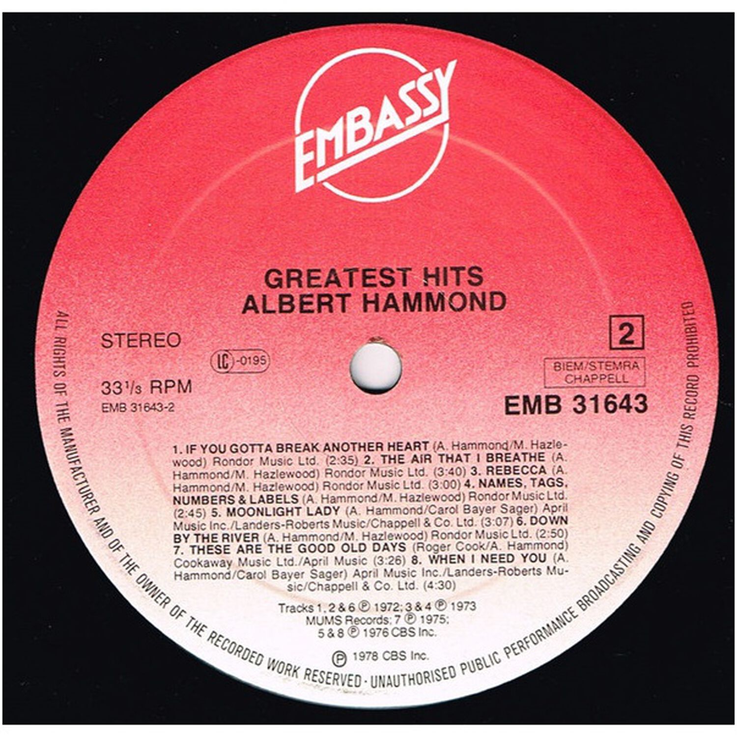 Albert Hammond - Greatest Hits | Vinilo Usado image number 3.0