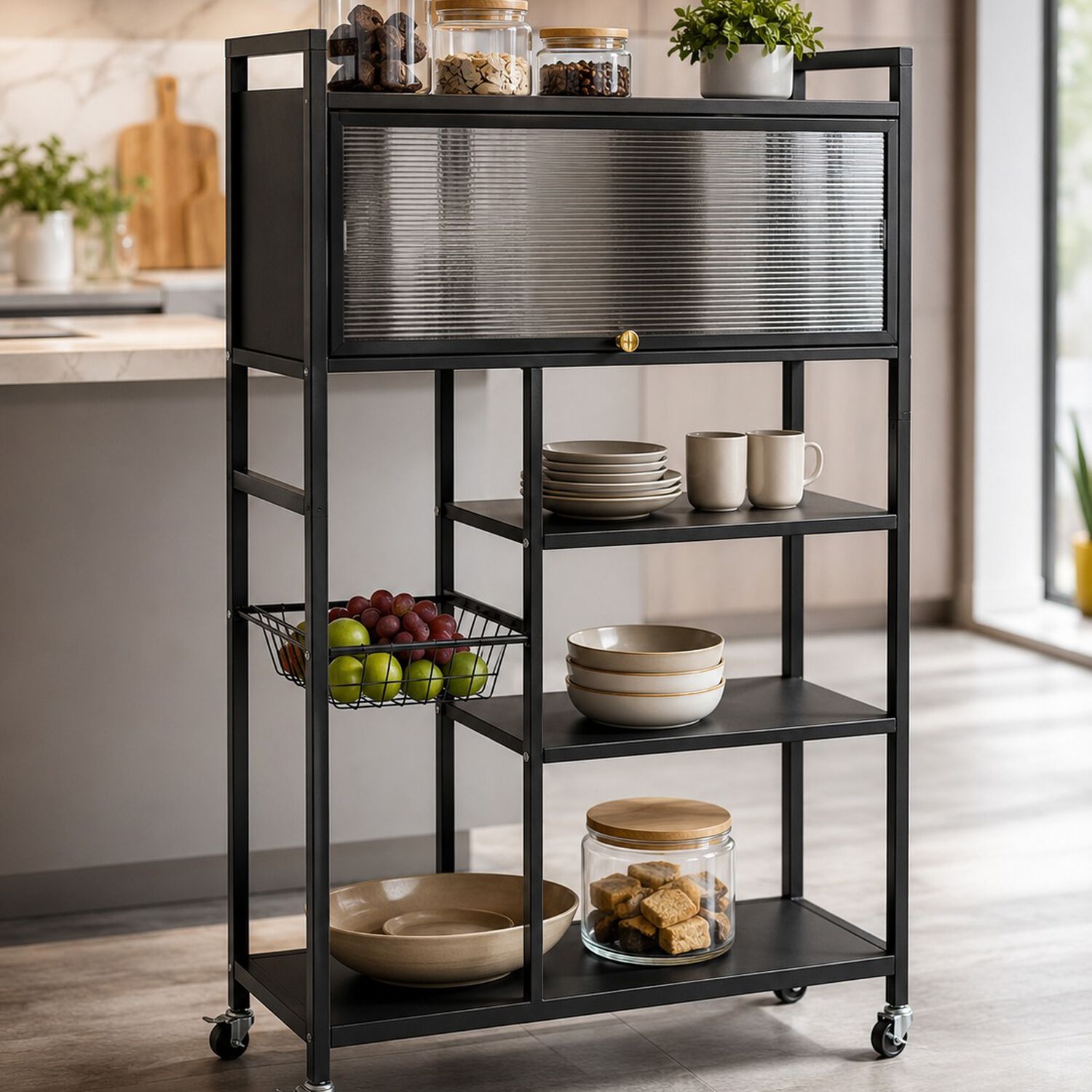 Estante Organizador Multiuso De Cocina Con Gabinete Y Ruedas Color Negro image number 5.0