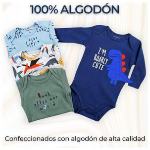 Pack 4 Bodys Beb&eacute; Ni&ntilde;o Manga Larga Tedmimak 100% Algod&oacute;n Blue Dinosaur