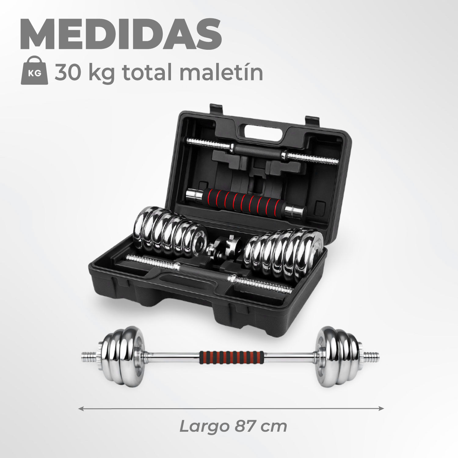 Set De Mancuernas 30 Kg Acero Cromadas Barra Y Malet&iacute;n image number 2.0