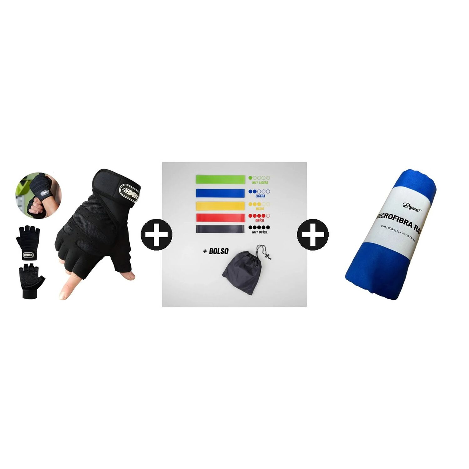 Kit Gym Inicial Guantes + Bandas El&aacute;sticas + Toalla Microfib Negro Xl image number 0.0