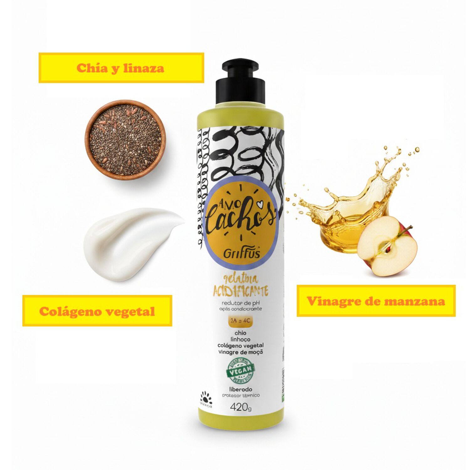 Gel Acidificante De Rizos Amo Cachos + Protector Termico 420g Griffus image number 1.0