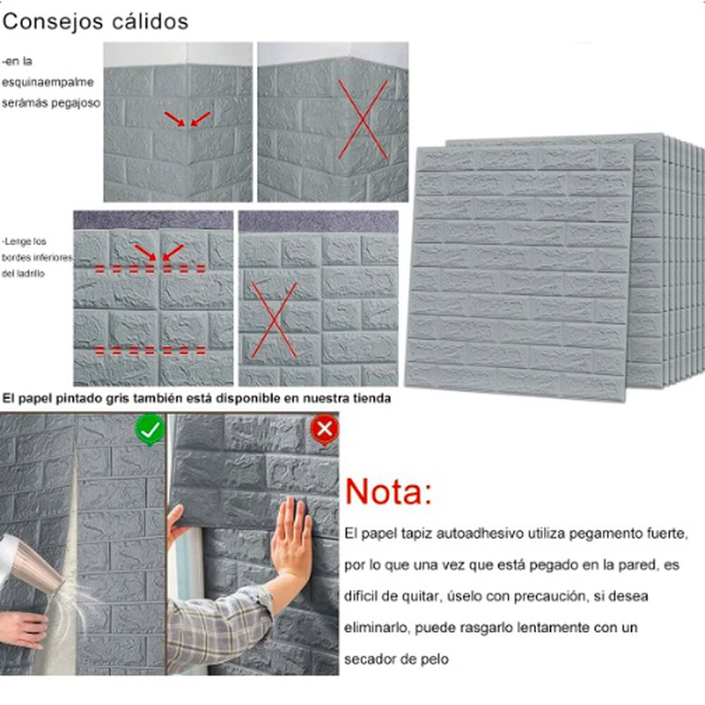 Pack 10 Lamina Papel Mural Autoadhesivo 3d Ladrillo Gris image number 4.0