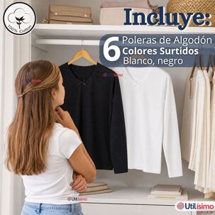 Pack 6 Camisetas Poleras Algod&oacute;n B&aacute;sica Cuello Redondo Primera Capa Manga Larga Colores Surtidos Negro Blanco Ni&ntilde;a