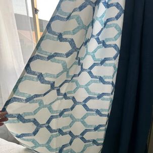 Set De Cortinas Lino Combinadas Azul + Visillos 4 Pa&ntilde;os