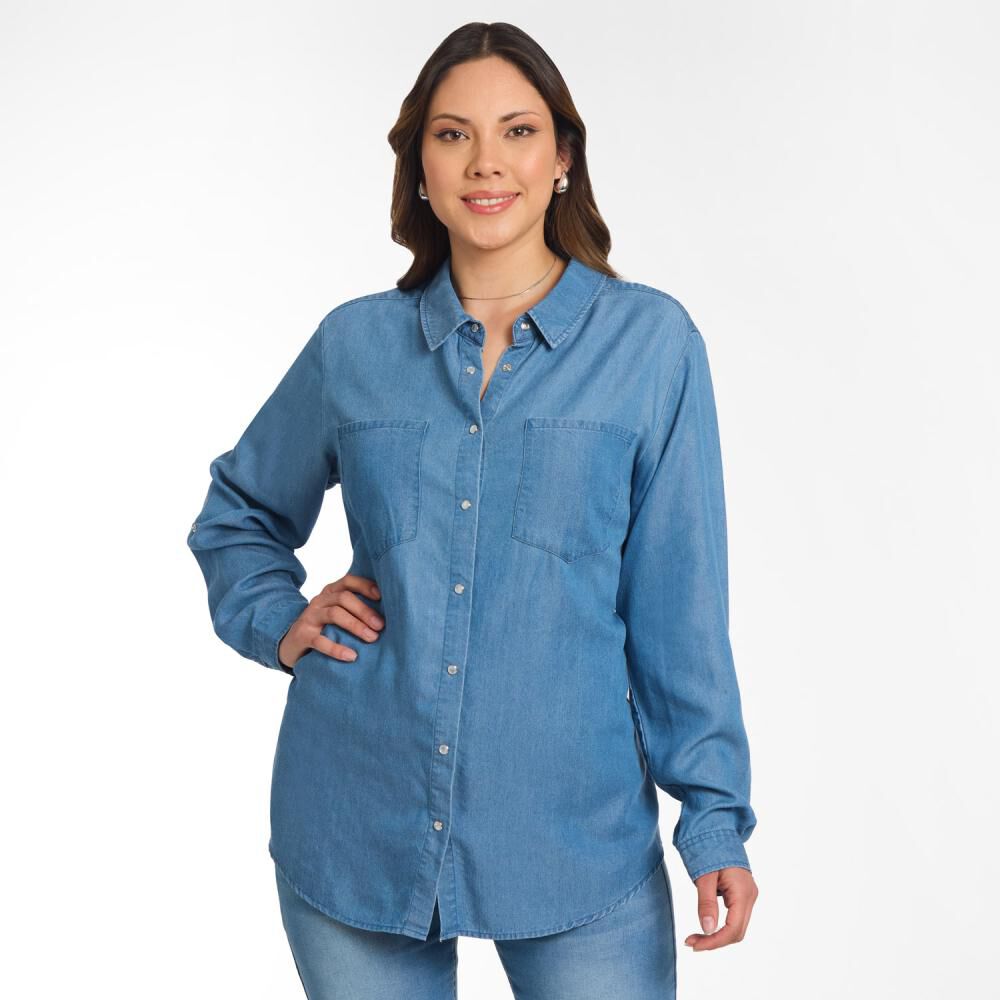 Blusa Denim Manga Larga Cuello Camisero Mujer Sexy Large image number 0.0