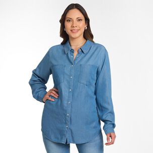 Blusa Denim Manga Larga Cuello Camisero Mujer Sexy Large