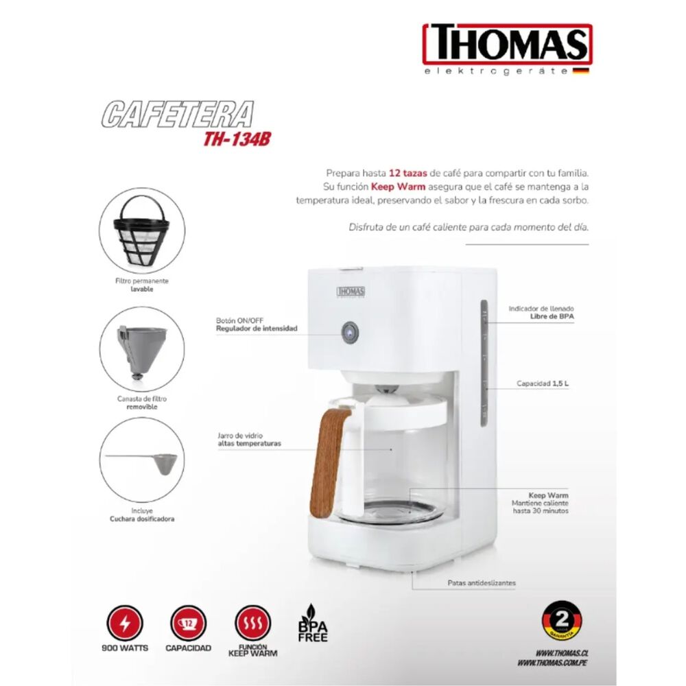 Cafetera De Filtro Thomas Th-134b Goteo 12 Tazas Keep Warm image number 5.0