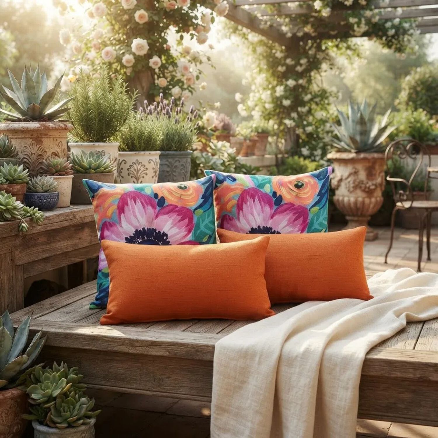 Set De 4 Cojines Decorativos Jard&iacute;n Acuarela Naranja image number 1.0