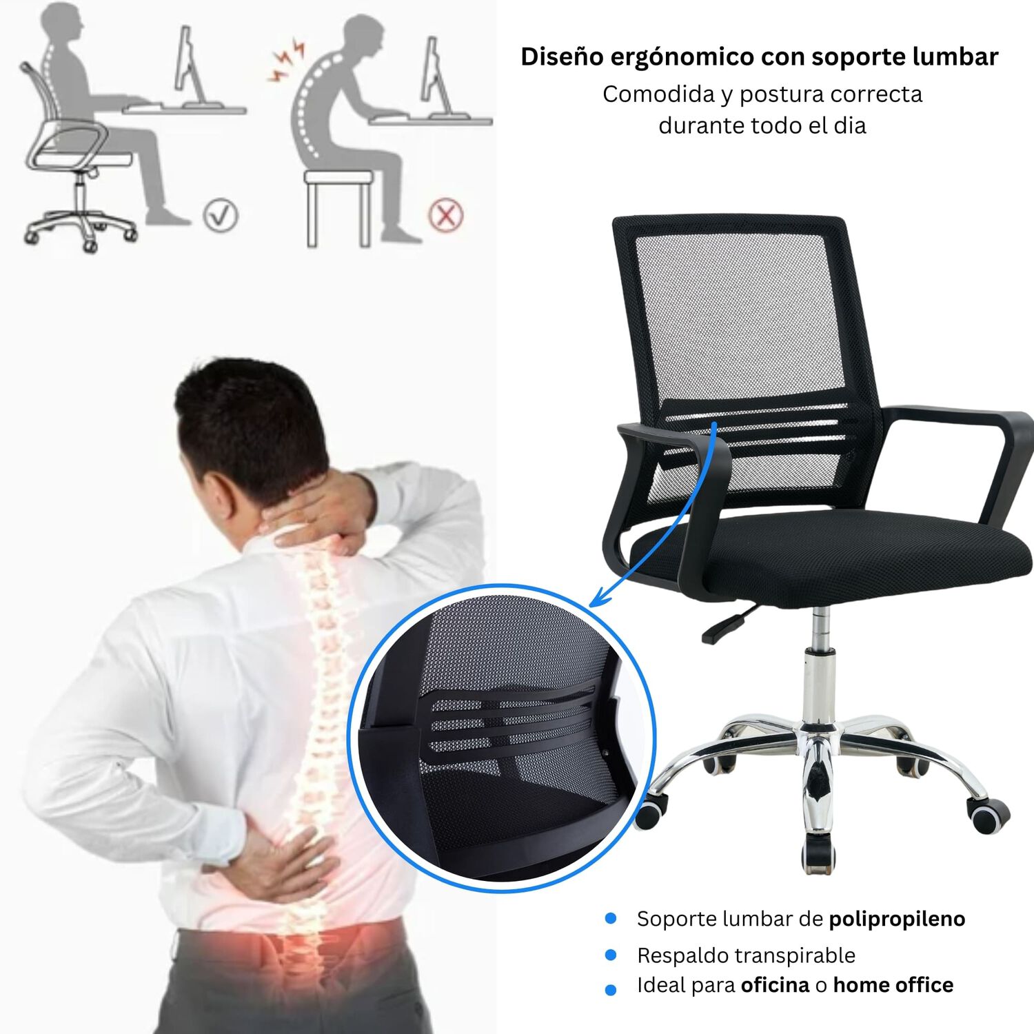 Silla De Oficina Ergon&oacute;mica Santiago Con Altura Ajustable Y Soporte Lumbar image number 4.0