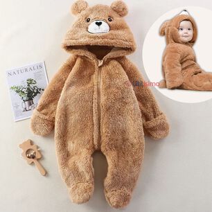 Enterito Oso Con Capucha Bebe Polar Marr&oacute;n