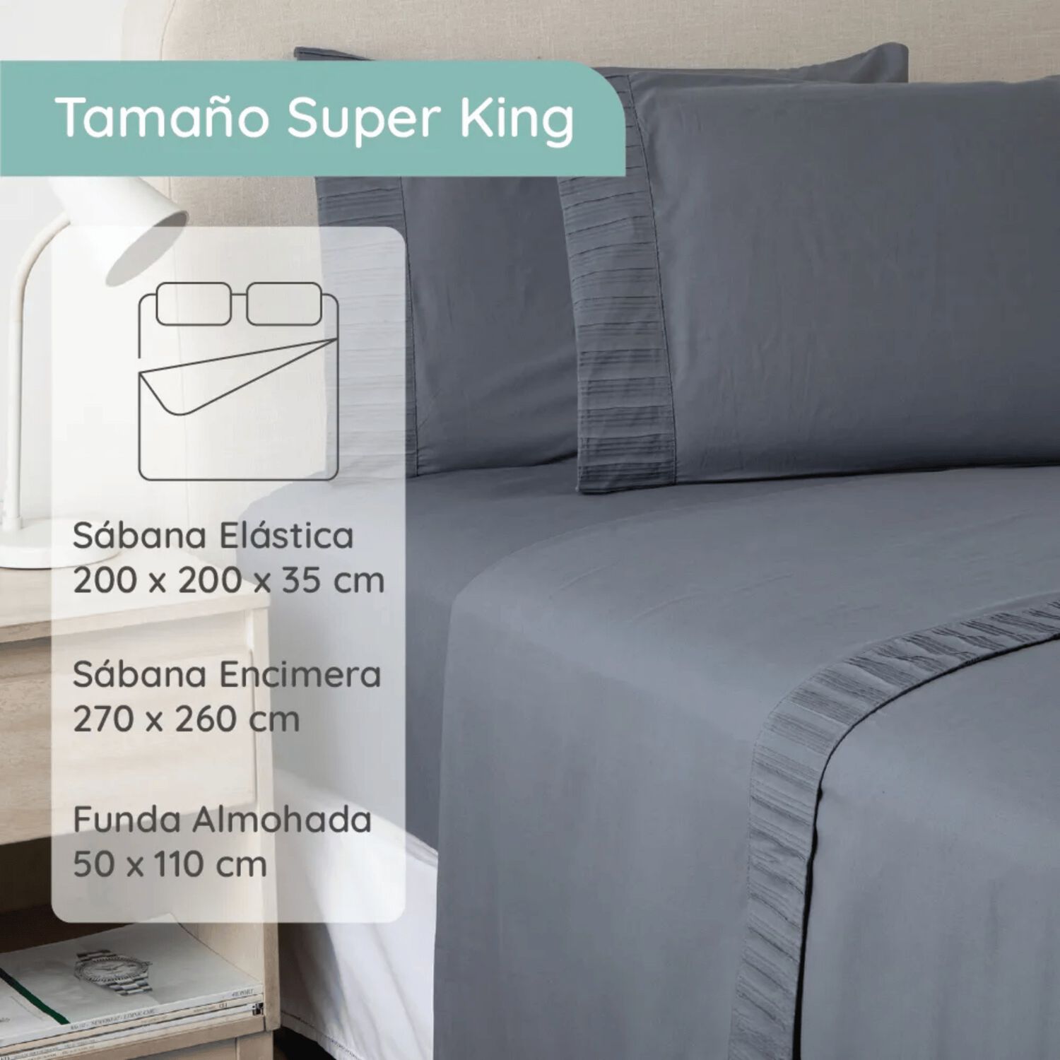 Sabanas Colch&oacute;n Super King Microfibra 300 Hilos Gris Oscuro image number 3.0