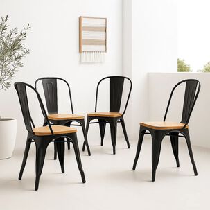 Pack De 4 Sillas Tolix Con Asiento De Madera Clara - Negras