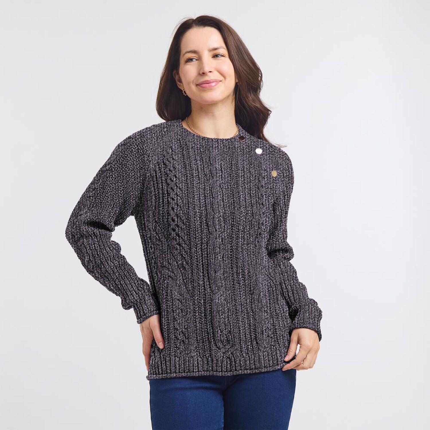 Sweater Melange Aplicaci&oacute;n Boton En Hombro Cuello Redondo Mujer Geeps image number 0.0