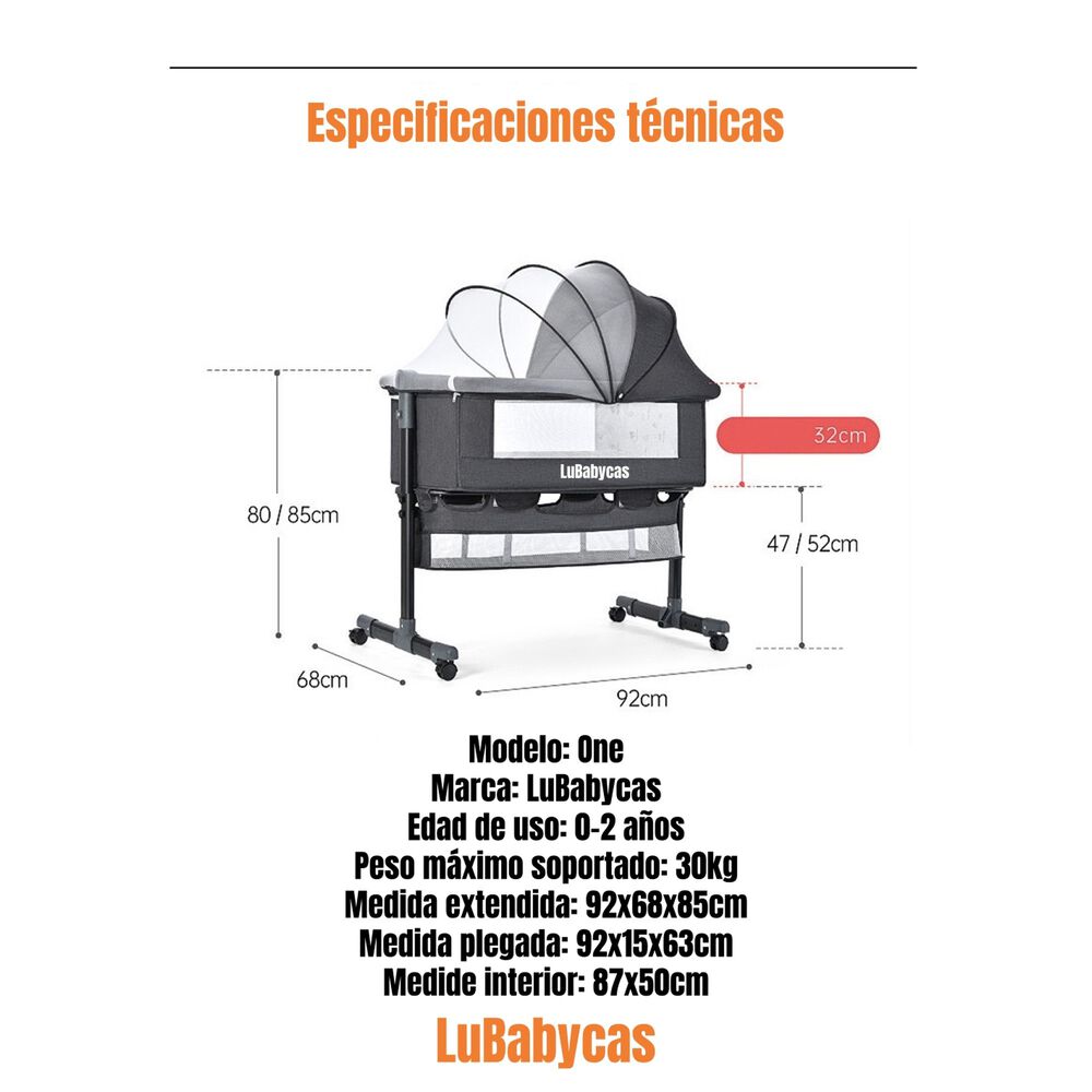Cuna Colecho One Con Mosquitero Colch&oacute;n Gris Lubabycas image number 7.0