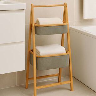 Organizador De Tela Plegable | Estante De 2 Niveles Para Ba&ntilde;o Y Hogar Gris