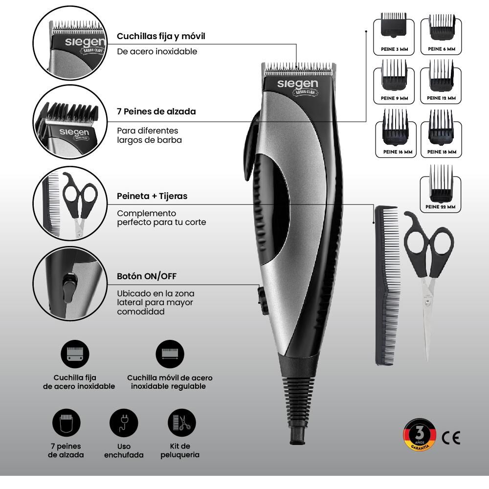 Corta Pelo Siegen Clipper SG-8200C01 Accesorios + 7 peines image number 6.0