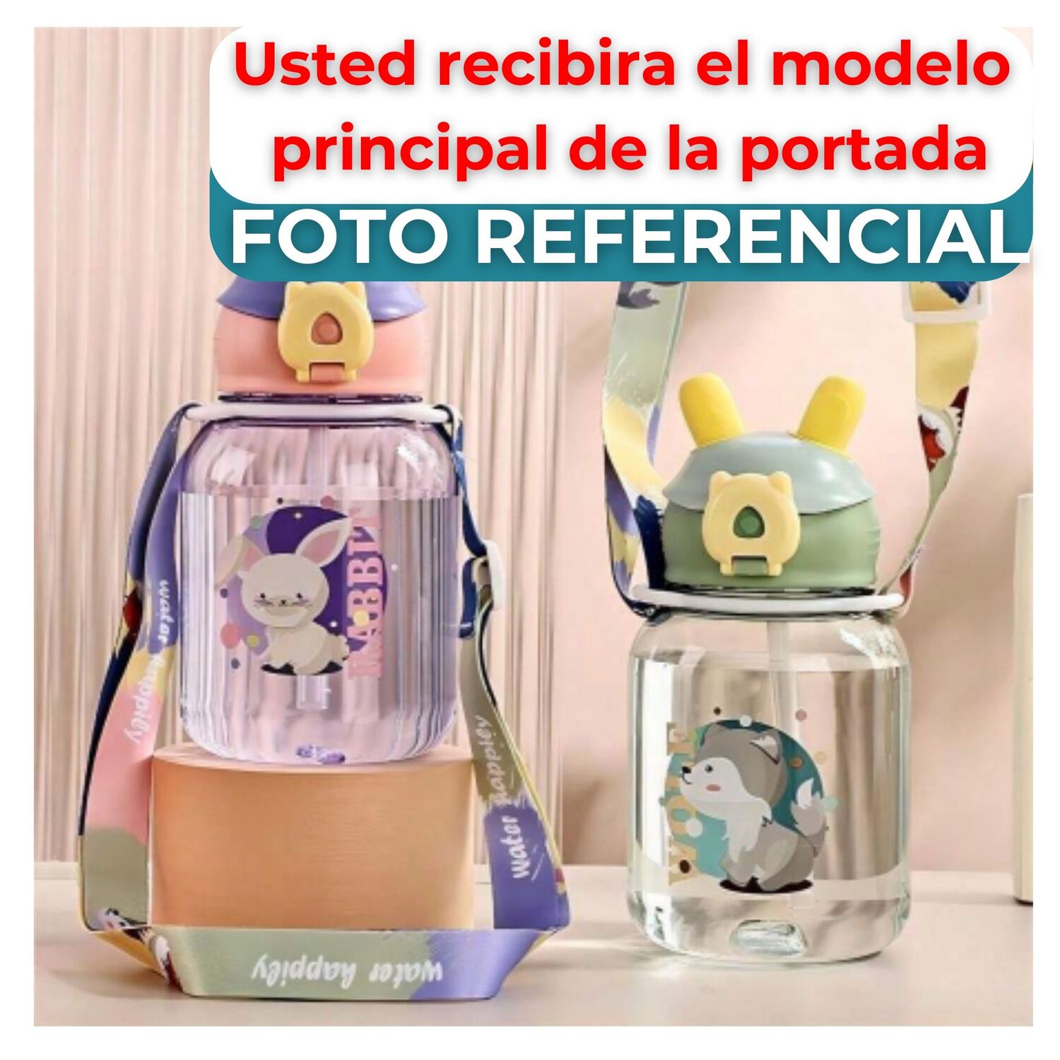 Botella Pl&aacute;stica 600ml Con Bombilla Y Correa Kawai Sin Bpa Ni&ntilde;os Red Fox image number 3.0
