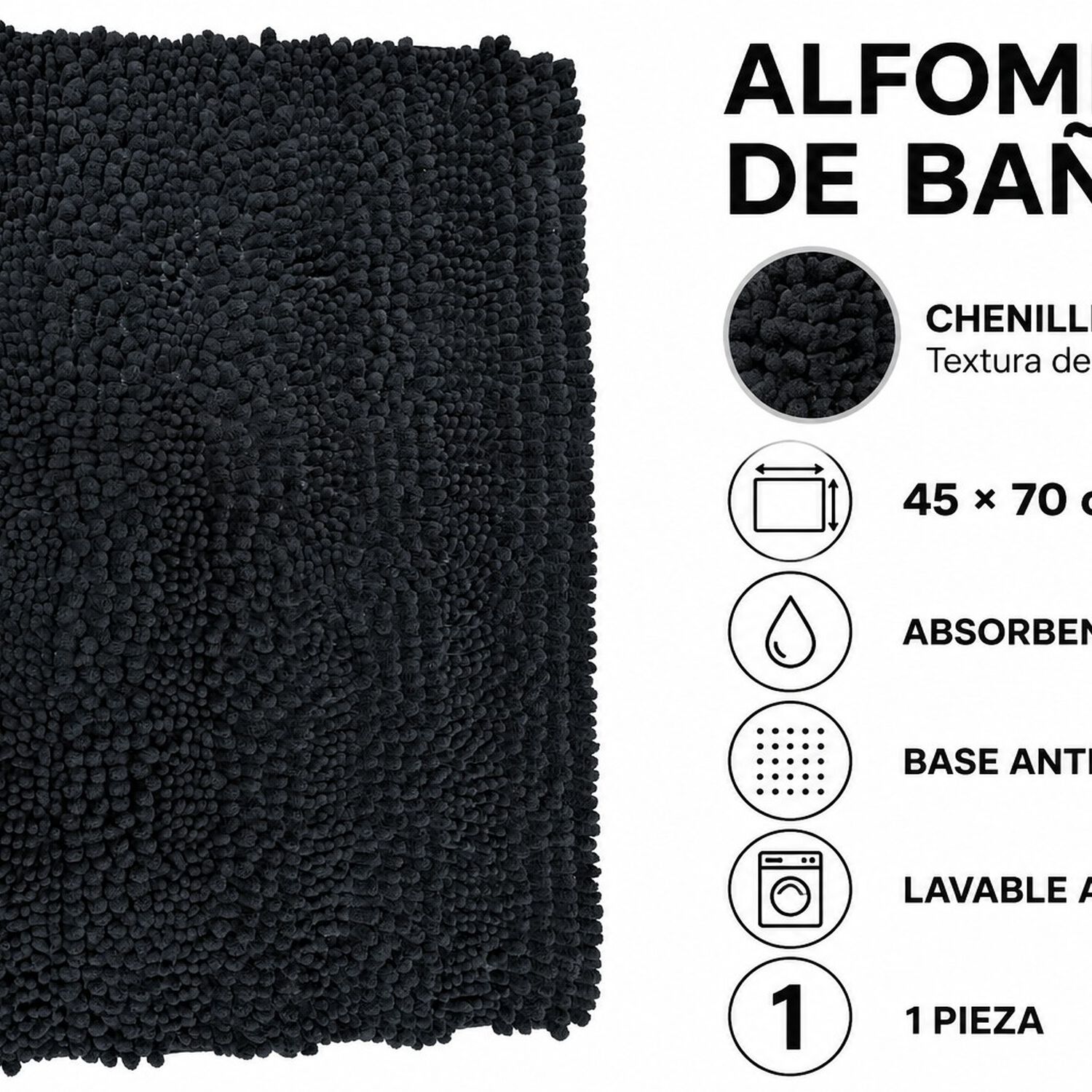 Alfombra De Ba&ntilde;o Negra De Chenille 45 70 Cm Absorbente Y Antideslizante image number 6.0