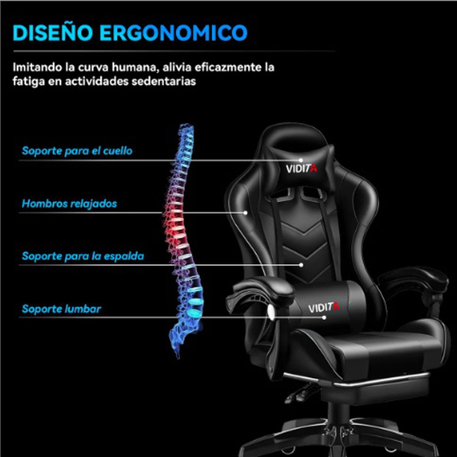 Silla Gamer Ergon&oacute;mica Negra image number 4.0
