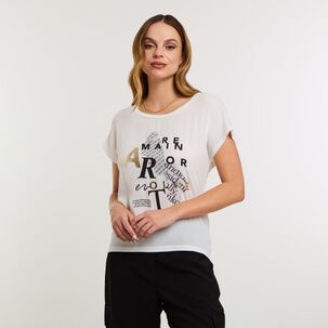 Polera Doble Tela Con Estampado Delantero Manga Corta Mujer Kimera