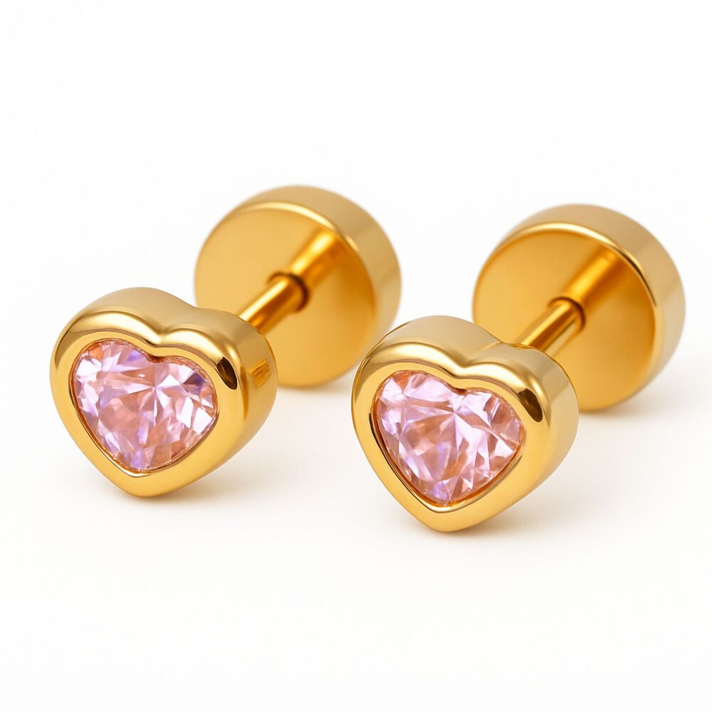 Aros Abridores Coraz&oacute;n 5mm N2 Oro 18k Circ&oacute;n Rosado A Presi&oacute;n Beb&eacute; Ni&ntilde;a Segundo Hoyo image number 0.0