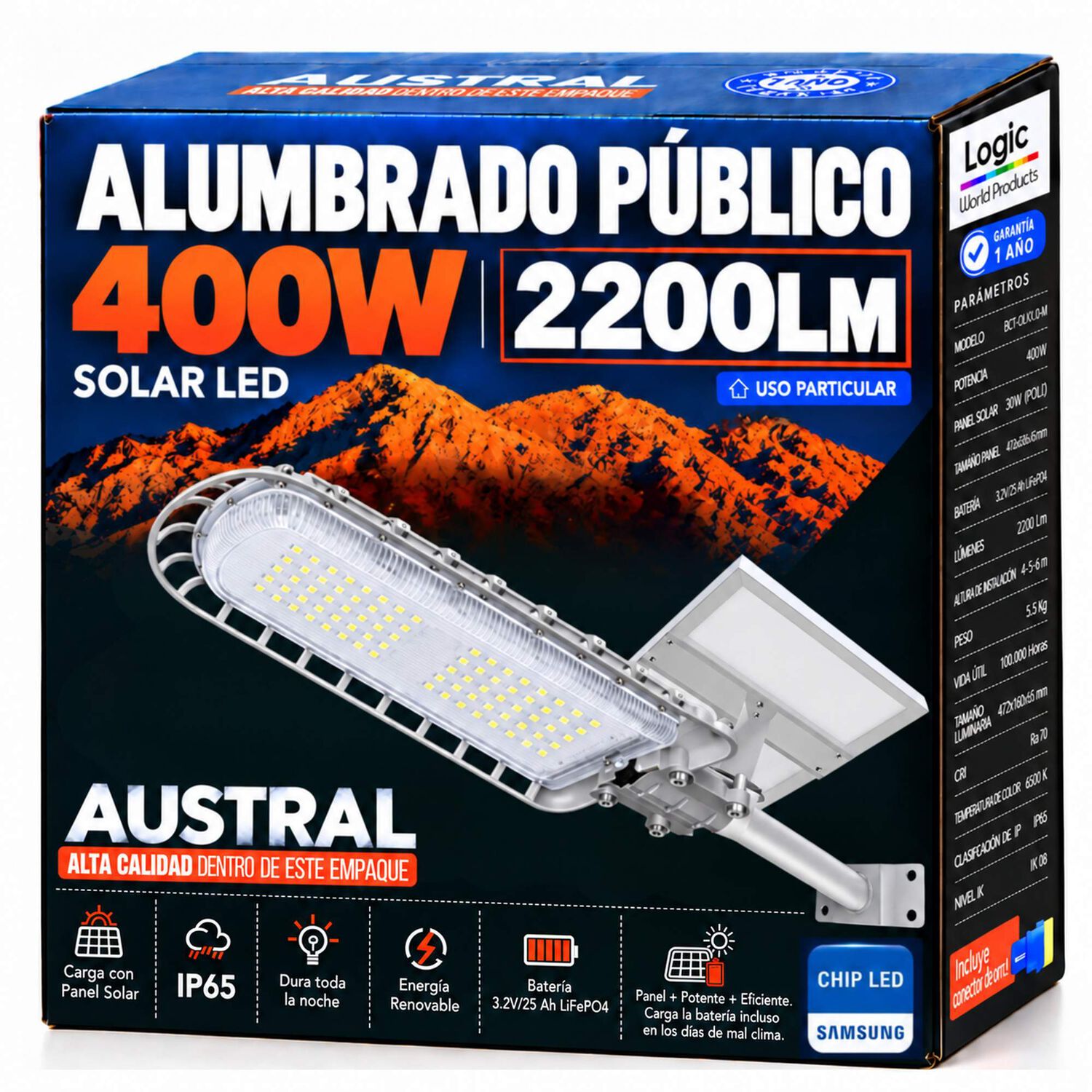 Luminaria Solar Peatonal Austral 400w Con Panel De Alta Eficiencia image number 2.0
