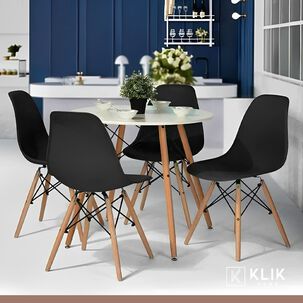 Comedor Mesa Eames Redonda Blanca 80cm + 4 Sillas Eames Negras