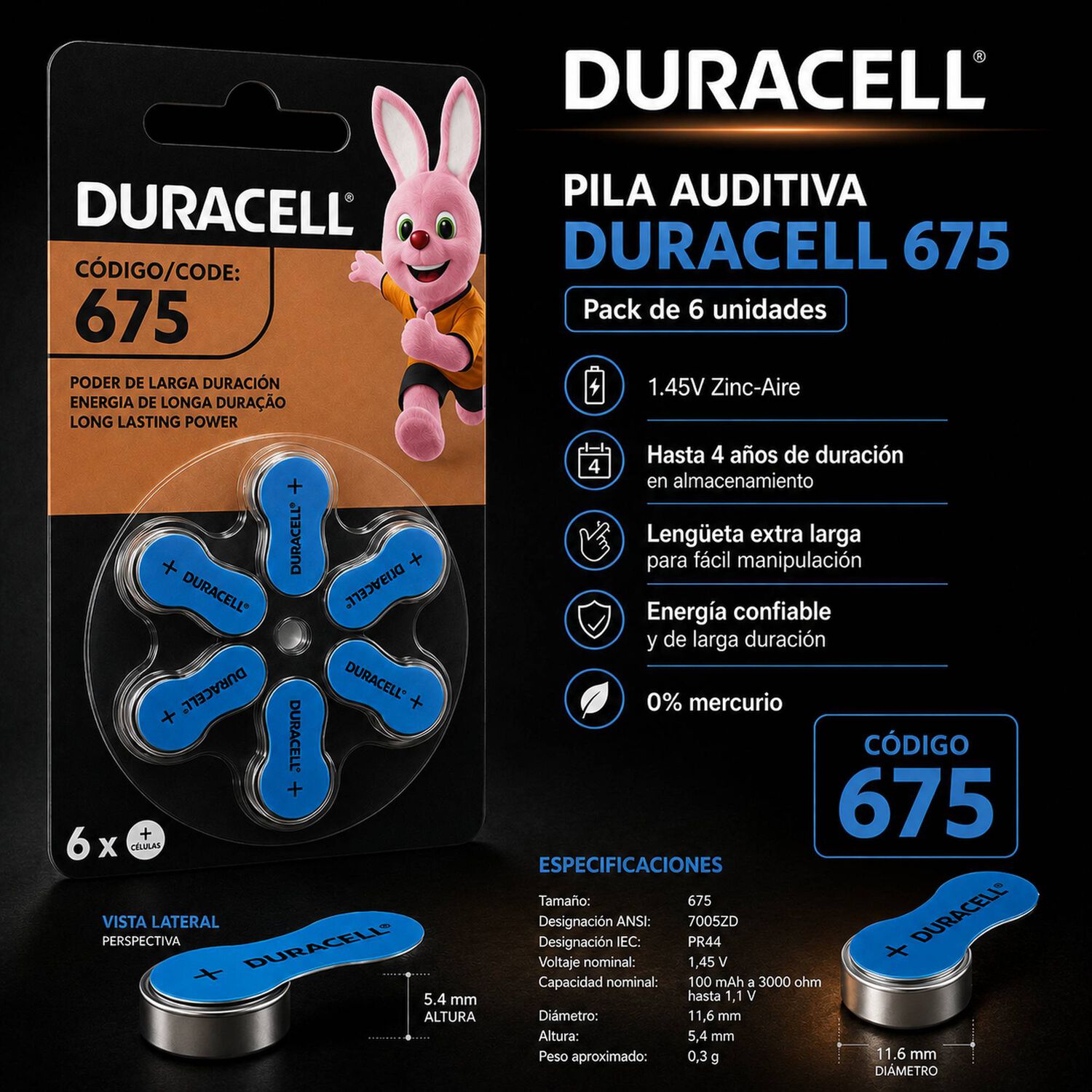 Pila Duracell 675 Auditiva Pack De 6u - 1.45v Larga Duraci&oacute;n image number 4.0