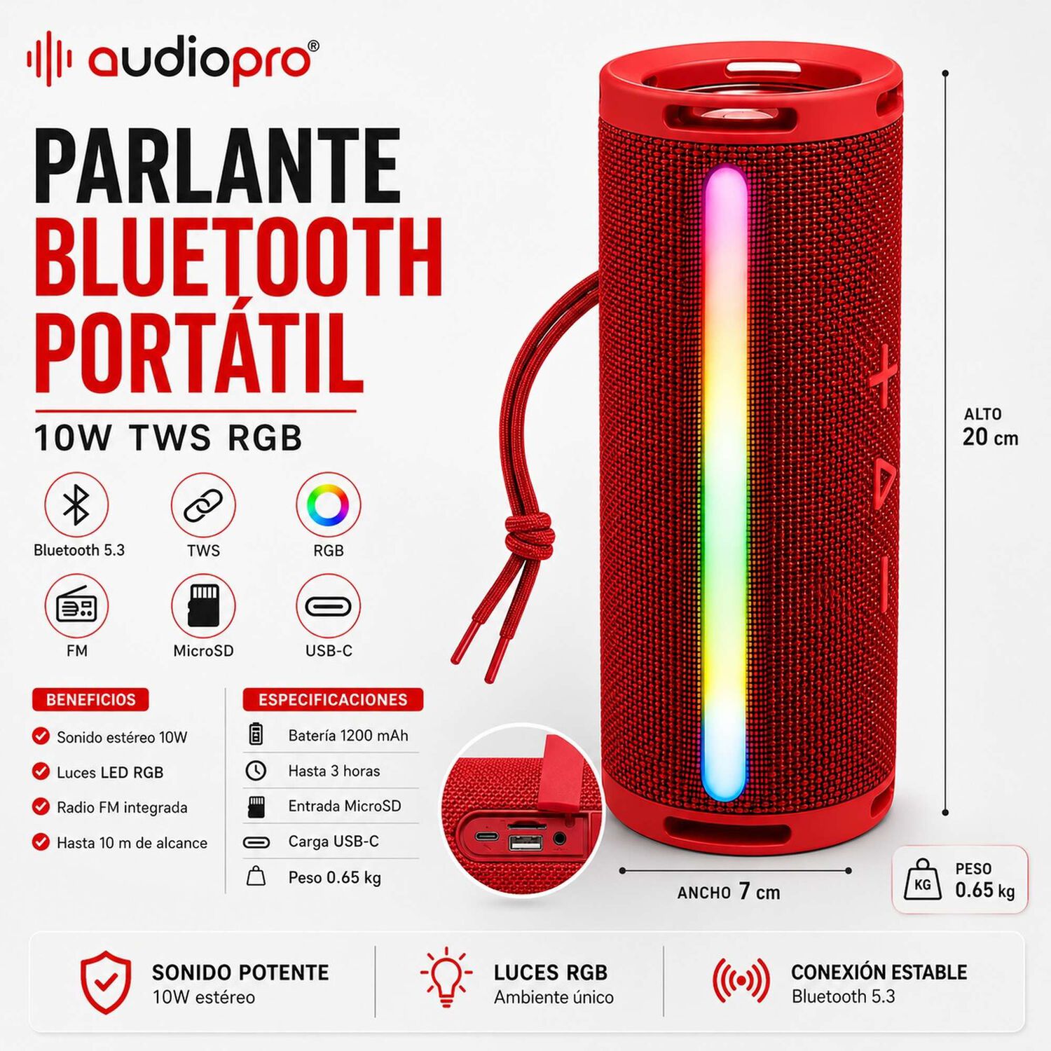Parlante Port&aacute;til Bluetooth Tws Iluminaci&oacute;n Rgb 10w Rojo 12hrs image number 7.0