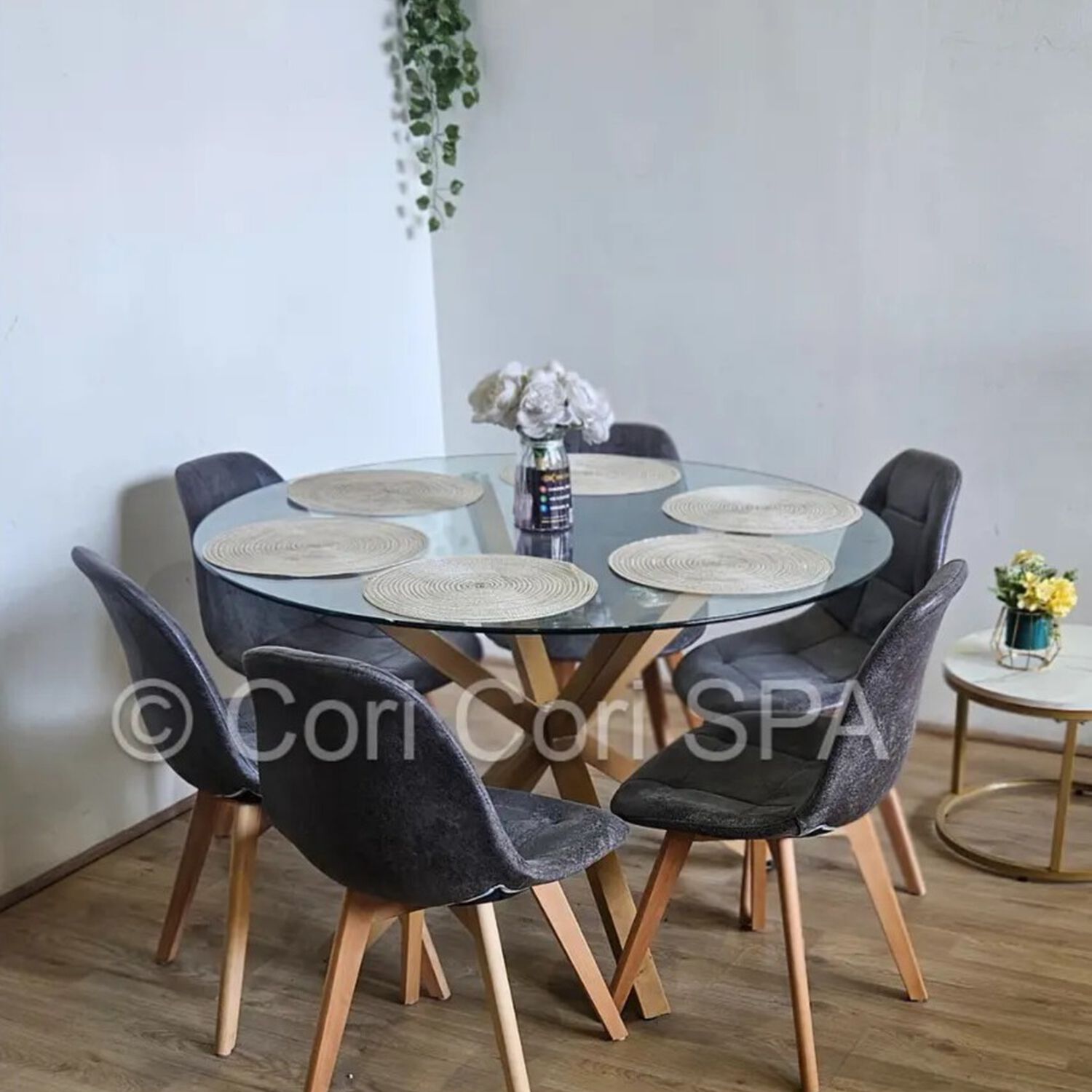 Comedor Warwick 120cm + 6 Sillas Capitonne Ecocuero Vintage Gris image number 0.0