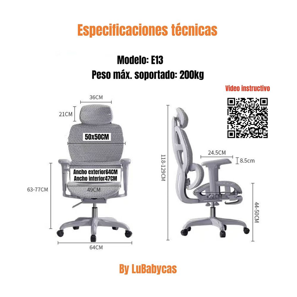 Silla De Escritorio Reclinable Premium E13 Gris Lubabycas image number 7.0