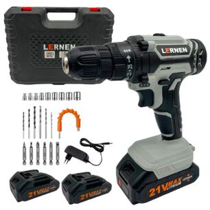Kit Taladro Destornillador Inal&aacute;mbrico Lernen 21v + 2 Bater&iacute;as Color Gris