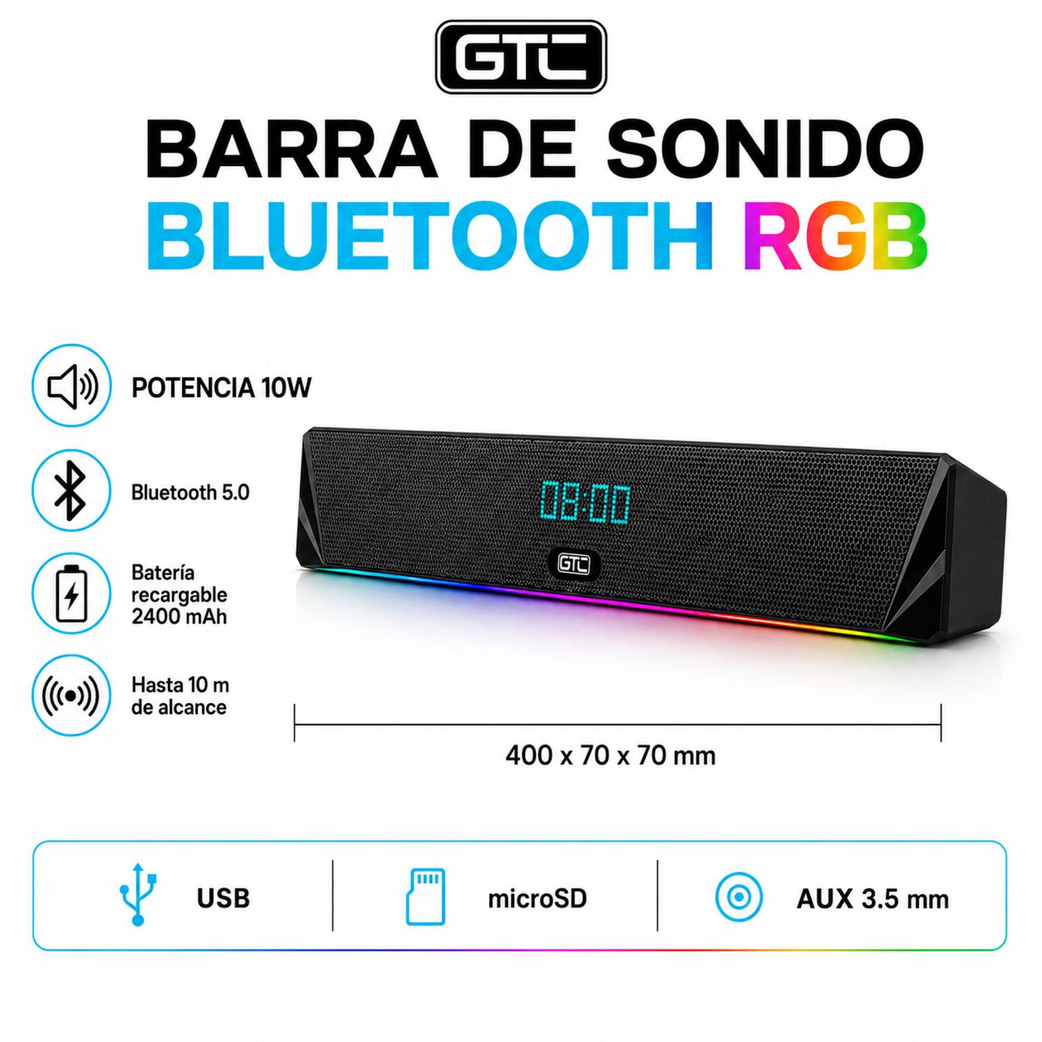 Barra De Sonido Inal&aacute;mbrica Bluetooth Rgb Recargable image number 5.0