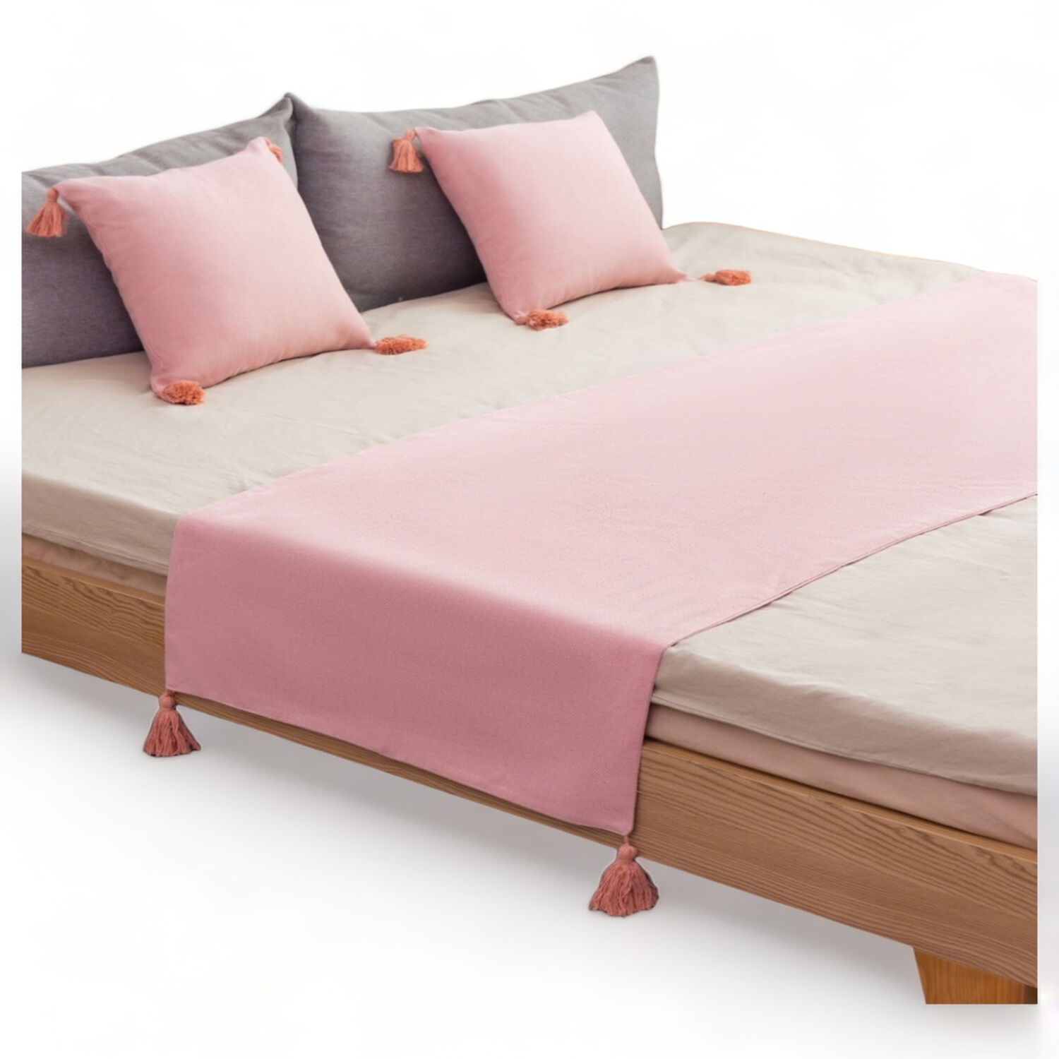 Pie De Cama En Lino 210cm X 70cm + 2 Fundas 45cm X 45xm Para Cama 2 Plaza O King Color Rosado image number 0.0