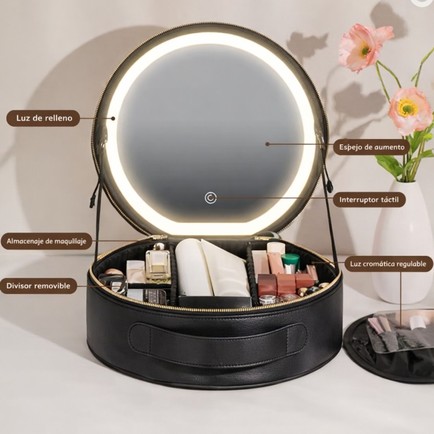 Estuche De Maquillaje Cosmetiquero Espejo Led Porta Brochas image number 6.0