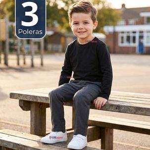 Pack 3 Poleras Camisetas Polar Negra Primera Capa Escolar Cuello Redondo Manga Larga Ni&ntilde;o