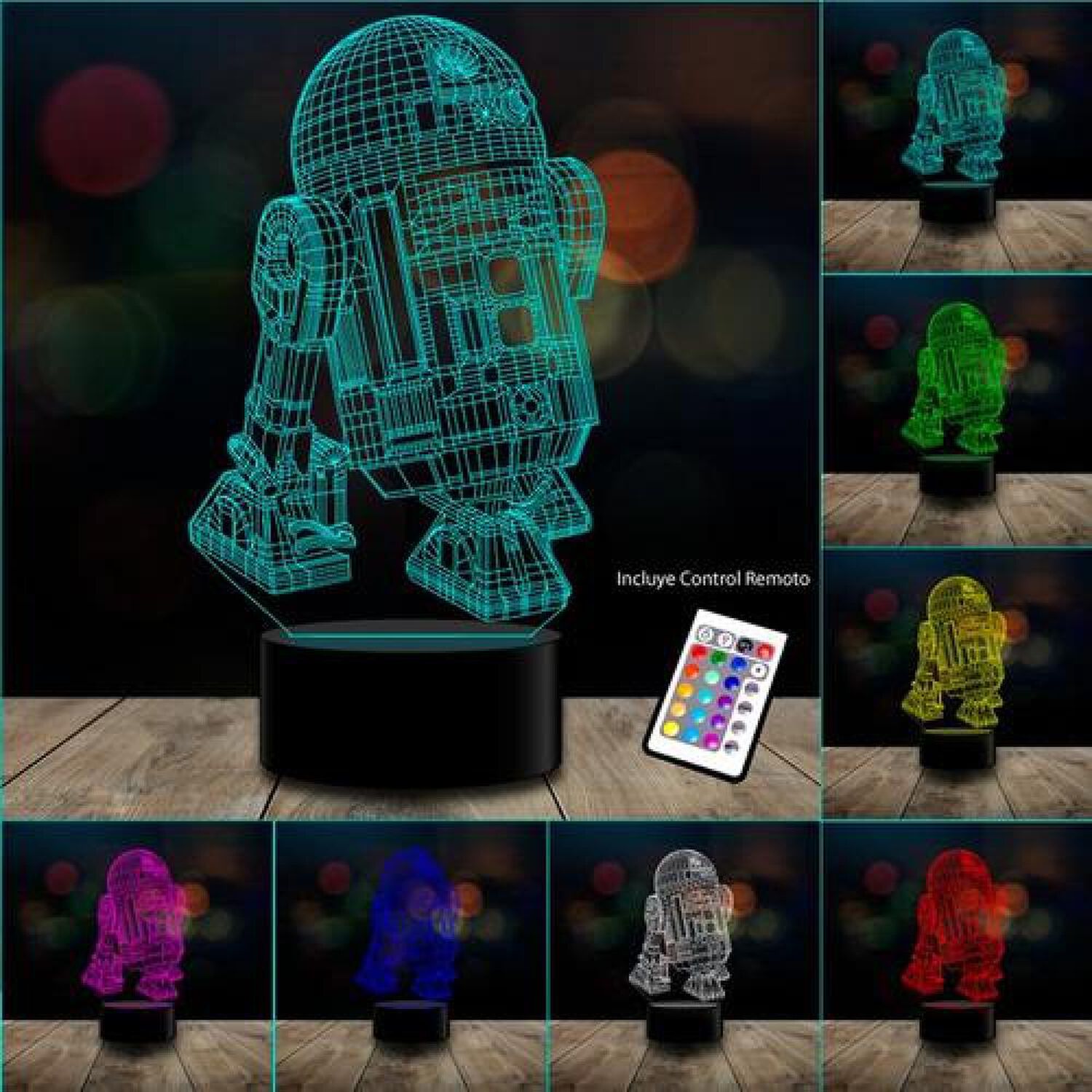 L&aacute;mpara 3d 7 Colores R2d2 Star Wars + Control Remoto image number 1.0