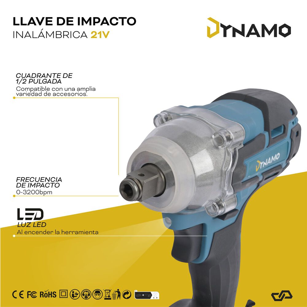 Llave De Impacto Inal&aacute;mbrica Dynamo 21v + 2 Baterias Y Acss image number 7.0