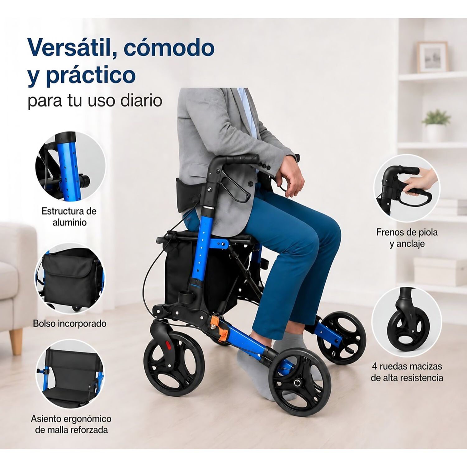 Andador Burrito Ortop&eacute;dico Adulto Mayor 4 Ruedas Con Asiento Frenos Y Bolso Plegable Aluminio 1002b image number 3.0