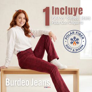 Pantal&oacute;n Polar Con Chiporro Palazzo Mujer Elasticada T&eacute;rmica Burdeo Jeans